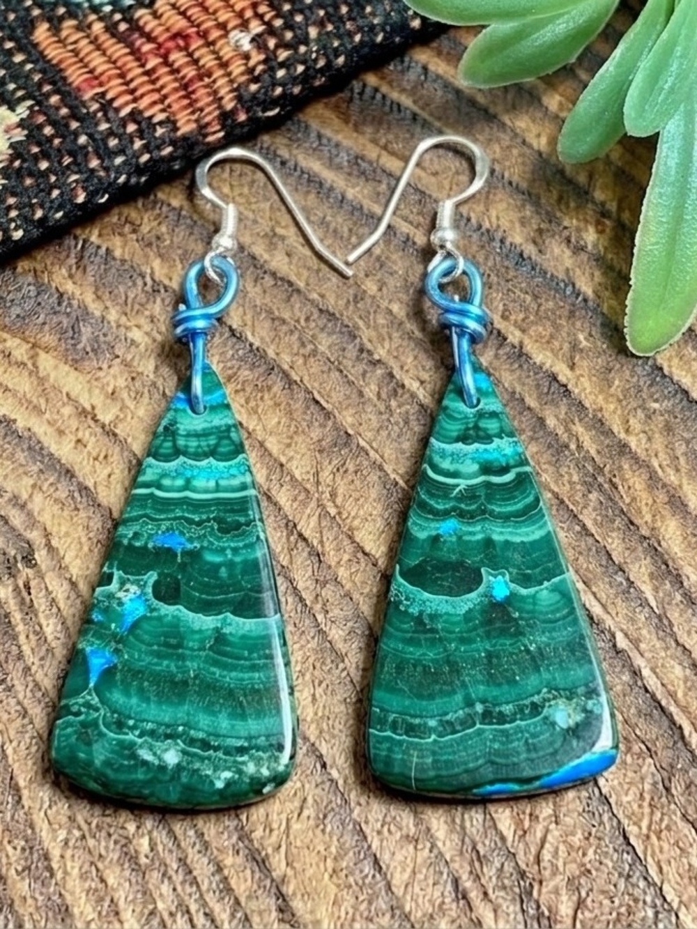 Green Malachite Azurite Slab Earrings - Sterling Silver Made In USA